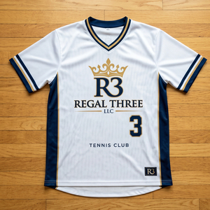 Camiseta de Tenis Regal Three LLC Unisex de Manga Corta, Sublimada, de Malla 100% Poliéster, Transpirable, con Cuello en V - Product Image 1