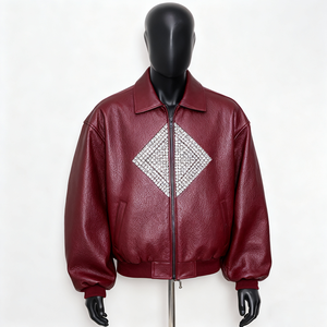 PIHA SPORTS Men's Varsity <b>Jacket</b> Green Color Block Stand Collar Casual Genuine <b>Leather</b> Outerwear <b>Winter</b> Regular Fit Biker Front - Product Image 5