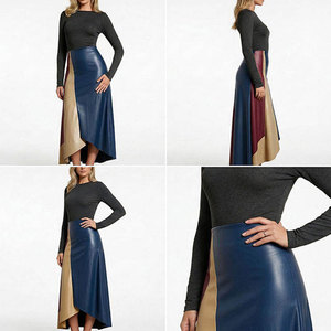High Waist Women's Faux Leather Asymmetrical Color Blocked Floor-Length <b>Skirt</b> Shiny Design All Seasons Wear - Product Image 4