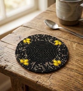 Black Yellow Beaded Coaster Handmade Round <b>Table</b> Decor Elegant Coffee Coaster Dining <b>Table</b> <b>Mat</b> Stylish Home Decoration Piece - Product Image 6