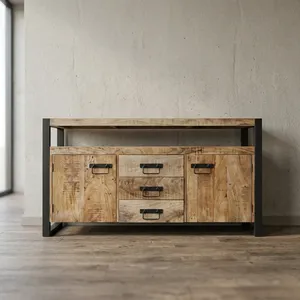 <b>Rustic</b> Wooden Sideboard Cabinet with 2 <b>Doors</b> 3 Drawers and Black Iron Frame Industrial Storage Console - Product Image 3