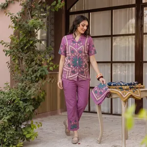 Women Purple Embroidered Co Ord Set Short Sleeve Collar Top Matching Pants Ethnic Floral Print Casual Stylish Summer Outfit - Product Image 3
