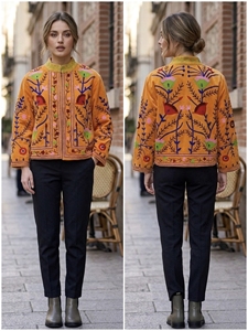 Veste pull-over en velours tissé brodé Suzani pour femme, col mandarin, faite à la main, florale, courte, doublée de coton, style bohème, hiver - Product Image 5