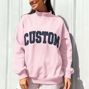 Sudadera Oversize de Cuello Alto para Mujer, Color Rosa Sólido con Estampado de Letras, Manga Larga, Tejido de Algodón, Estilo Otoñal - Product Image 1