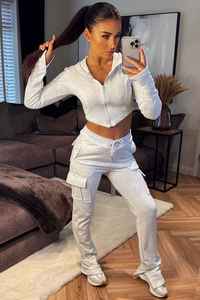 Women's <b>Light</b> Gray Solid Color Cotton Tracksuit Casual Wear Breathable Full Sleeve Hooded Zipper Front With Side Pockets - Product Image 5