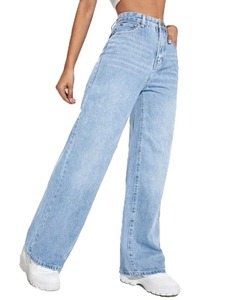 Pantalones Vaqueros de Mezclilla Rectos Lisos en Azul Claro para Mujer, Cintura Media, Corte Regular, Transpirables, de Spandex/Algodón, para Fiesta - Product Image 4
