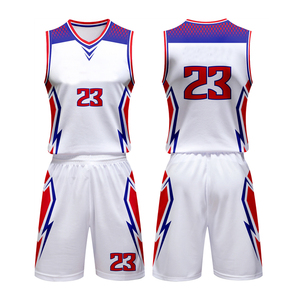 Ensemble d'uniformes de basketball unisexe blanc, rouge et bleu, sublimé, col en V, sans manches, respirant, en polyester, pour adultes, toutes saisons - Product Image 1