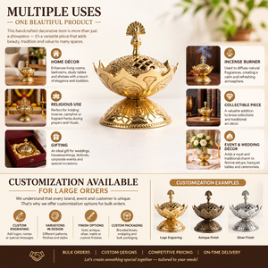 Brûleur d'encens en laiton en forme de paon, gravé lotus, bol porte-encens vintage, Dhoop Dani Pooja Samagri, décoration, diffuseur de parfum d'intérieur - Product Image 4