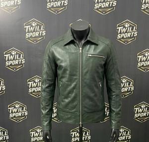 Veste moto en cuir véritable pour homme, vert foncé, col rabattu, fermeture éclair, coupe classique, pour l'automne - Product Image 2