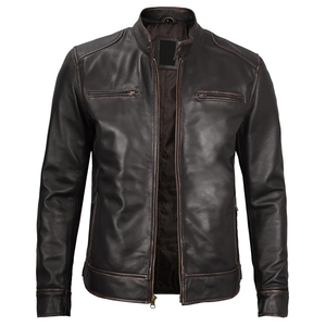 Men's Brown Genuine Leather Moto Biker Jacket Stand Collar Zipper Closure Autumn Wear Regular Fit Solid Color - Product Image 6