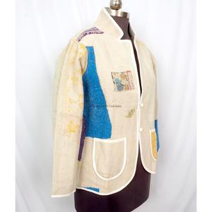 Veste Kantha pour femmes, faite à la main, vintage, manches longues, col en V, écologique, tricotée en coton indien, broderie, automne-hiver - Product Image 3