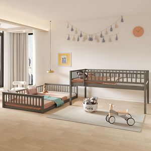 Letto a Castello XL Grigio con Scala e Sponde di Sicurezza per Bambini, Dimensioni Queen - Product Image 2