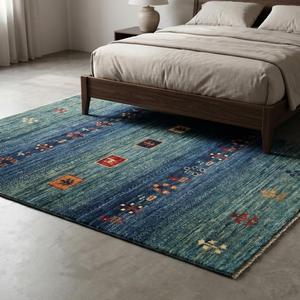 Alfombra de Lana Anudada a Mano Estilo Gabbeh Tradicional, Patrón Geométrico Tribal Azul Verde, Alfombra Hecha a Mano para Sala de Estar - Product Image 3