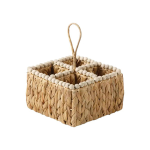 Water Hyacinth Utensil Caddy 4 Compartment Woven Silverware Holder with Handle Wood Beads Decorative Cutlery Basket For Kitchen - Product Image 4