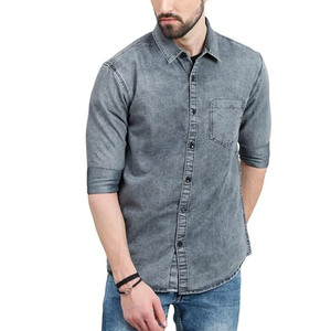 Chemise en jean pour homme, coupe ajustée, manches trois quarts, couleur unie, col rabattu, décontractée, respirante, coton délavé - Product Image 1
