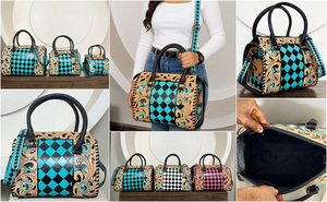 Hot Selling 2026 Designer Hand Tooled Genuine Leather Turquoise Checkered Pattern Western Purse Stylish Crossbody Shoulder <b>Bag</b> - Product Image 3