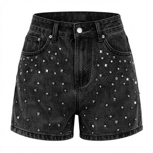 Shorts en jean personnalisés avec logo en strass, shorts en jean noirs à taille haute pour femmes, ornés de cristaux, style Y2K, streetwear - Product Image 1