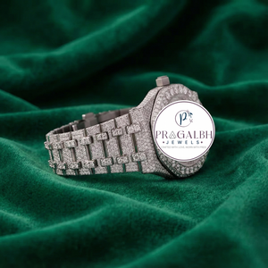 นาฬิกาเพชร Pragalbh Jewels หรูหรา ประดับเพชรเต็มหน้าปัด ทรงบาแกตต์และทรงกลม  ตัวเรือนสแตนเลสสตีล สำหรับผู้ชาย ผู้หญิง และทุกเพศ - Product Image 5