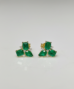 Top selling 14KT Gold Certified Fine jewelry Trio <b>Stud</b> Earrings in Natural <b>Emerald</b> & Diamonds Earrings - Product Image 2