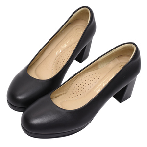 Zapatos de Tacón Ancho con Punta Redonda de Cuero Genuino para Mujer Ann'S, Zapatos de Oficina Transpirables, Sin Cordones, Color Negro Sólido - Product Image 1