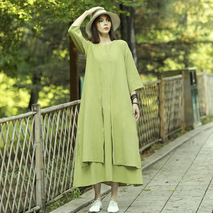 Robe midi vintage 100 % coton pour femme, manches cloche, col en V, taille haute, coupe trapèze, respirante, avec nœud, coupe ample, toutes saisons, grandes tailles - Product Image 1