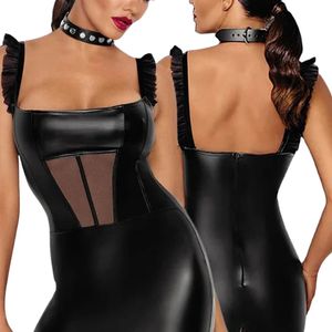 Mini-robe noire en PU pour femme, sans manches, moulante, col carré, dos nu, avec volants et découpes en résille, pour soirée et club - Product Image 1