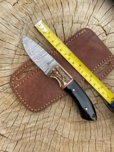 Forged Damascus Steel Fixed Blade <b>Drop</b> Point Knife Vertical Carry Sheath Full Tang OEM Hunting Camping Olive Wood Horn Handle - Product Image 5