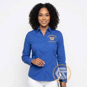 SIGMA GAMMA RHO เสื้อเชิ้ตผู้หญิงสีดำปักโลโก้ปกพับได้แขนแร็กแลนทรงปกติผ้าฝ้าย 100% ระบายอากาศได้ดี - Product Image 4