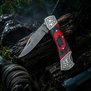 Cuchillo Plegable de Acero de Damasco con Punta Caída, Mango Rojo, Hoja Recta, para Camping y Actividades al Aire Libre, 6.5 Pulgadas de Longitud Total - Product Image 4