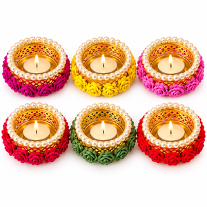 Decorative Tealight Holder with Pearl Border and Flower Design Pack of 6 Mixed <b>Colours</b> for Diwali Home Decor - Product Image 2