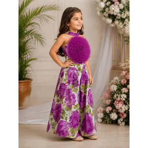 Ensemble Palazzo pour femmes en coton sans manches, col halter, avec volants et applications imprimées, blanc et violet, décontracté, été, style ethnique - Product Image 4