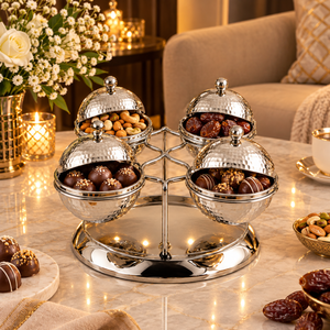 Polished Steel <b>Treat</b> Containers with Round Covers and Presentation Stand |Stylish Server for Dates <b>Chocolates</b> Candy Nuts and Dry - Product Image 4