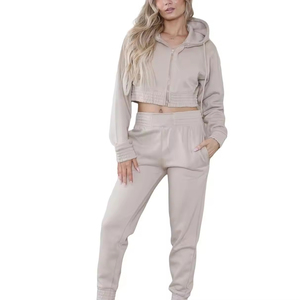 Hot Sale Ladies Crop Hoodie Sets Custom Logo Embroidery Solid Workout Wear Tracksuits for Girls Women's Crop <b>Top</b> <b>Sweat</b> Suit - Product Image 5