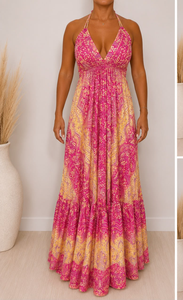 Magnifique robe longue pour femme, couleur claire, style bohème, sans manches, col en V, dos nu, fluide, pour l'été et la plage, avec ourlet à volants, assortiment varié - Product Image 2