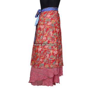 Around Long Reversible Silk <b>Wrap</b> <b>Skirt</b> Women Wear Vintage Silk Sari Long Length <b>Wrap</b> Around <b>Skirt</b> 2 Layer Reversible Magic 38" - Product Image 1