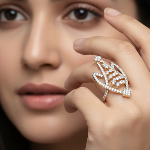 แหวนค็อกเทลเพชรทองคำขาวหรูหราสำหรับผู้หญิง ดีไซน์รูปทรงเรขาคณิตรูปตัววี แหวนแต่งงานหมั้นดีไซน์เฉพาะตัว - Product Image 2