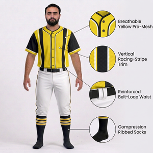 Uniforme de Béisbol para Hombre, Conjunto de Pantalones y Jersey Amarillo y Negro, Manga Corta, Cuello en V, Cierre de Botones Antibacteriano, Malla Transpirable - Product Image 6