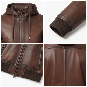 Blouson bomber en cuir patiné marron pour homme, personnalisé OEM, avec capuche, peint à la main par airbrush, coupe-vent - Product Image 4