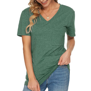 Camiseta de Manga Corta con Cuello en V para Mujer, 100% Algodón, Transpirable, Verde Sólido, Corte Regular, Informal, con Bolsillo, para Primavera y Verano - Product Image 6