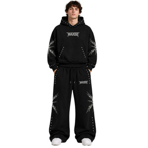 Customizable DTG Graphic Oversized Black Rivet <b>Stud</b> Hoodies Sweatpants Loose Fit Heavyweight Streetwear Sets OEM Screen Print - Product Image 1