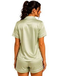 Conjunto de pijama de satén verde salvia para mujer, ropa de dormir de seda con lazo bordado, botones, manga corta, conjunto para estar en casa. - Product Image 2