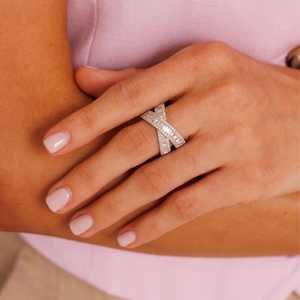 Baguette Crossover <b>Ring</b> Lab Grown Diamond Pave Multi Row Half <b>Eternity</b> Wedding 14K Solid Gold 925 <b>Silver</b> Luxury Gift - Product Image 2