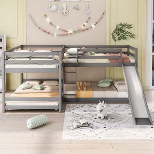 Letto a Castello a Forma di L Grigio per Letti Matrimoniali e Singoli per Bambini con Scivolo e Scala Corta - Product Image 3