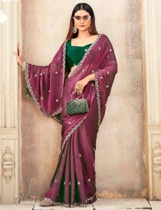 Sari de Seda Bordado Reversible para Mujer, Estilo Bollywood Jimmy Jimmy, con Blusa Sin Coser (Morado) - Product Image 6
