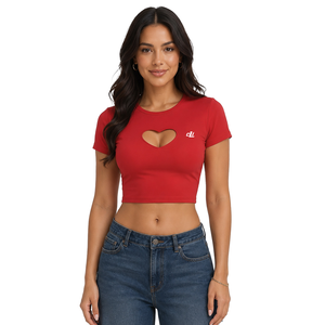 Camiseta corta de alta calidad con abertura frontal, logotipo personalizado, diseño hueco, para mujer, de algodón tejido, color liso, ajustada, estilo baby tee, para verano. - Product Image 5
