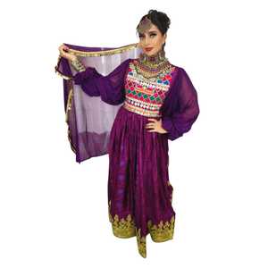 Robe longue bohème violette brodée à manches longues et col montant, coupe trapèze, tissu personnalisable - Product Image 1