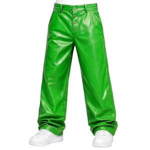 European American high-street style <b>PU</b> black pleated layered straight slim-fit lightweight casual leather pants for men - Product Image 6