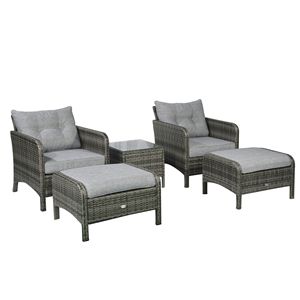 Set di 5 Sedie Lounge in Rattan Grigio per Esterni con Cuscini, Pouf e Tavolo in Vetro - Product Image 1