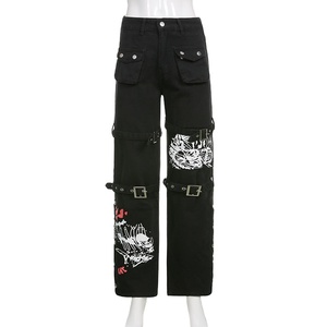 Nouveau design noir Cargo pantalon femmes taille basse jean gothique pantalon Vintage Hip Hop Punk Style Streetwear imprimé pantalon - Product Image 3
