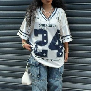 Women Loose Street Fashion American Football Jersey Breathable Mesh Polyester V Neck Graphic Number Oversized <b>Athletic</b> Top - Product Image 1